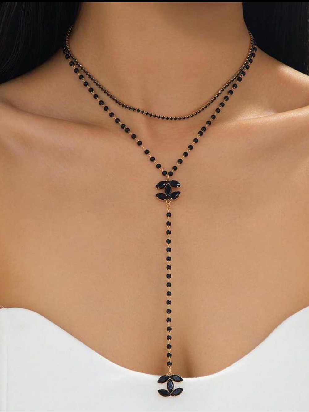 Black & Gold Set of 2 Necklaces-Beaded  Double CC Lariat & Black Tennis Riviera